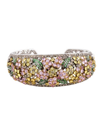 Bracelet 18K Sapphire, Tsavorite Garnet & Diamond Flower Cuff