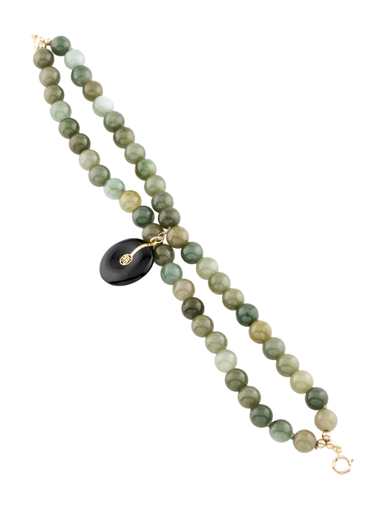 Bracelet 14K Jadeite & Onyx Double Strand Fortune Charm