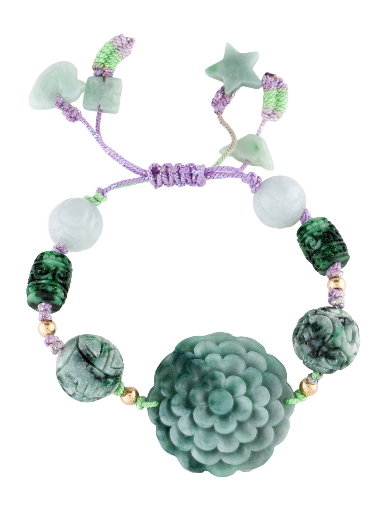 Bracelet 14K Dyed Jadeite & Jadeite Carved Bead Adjustable
