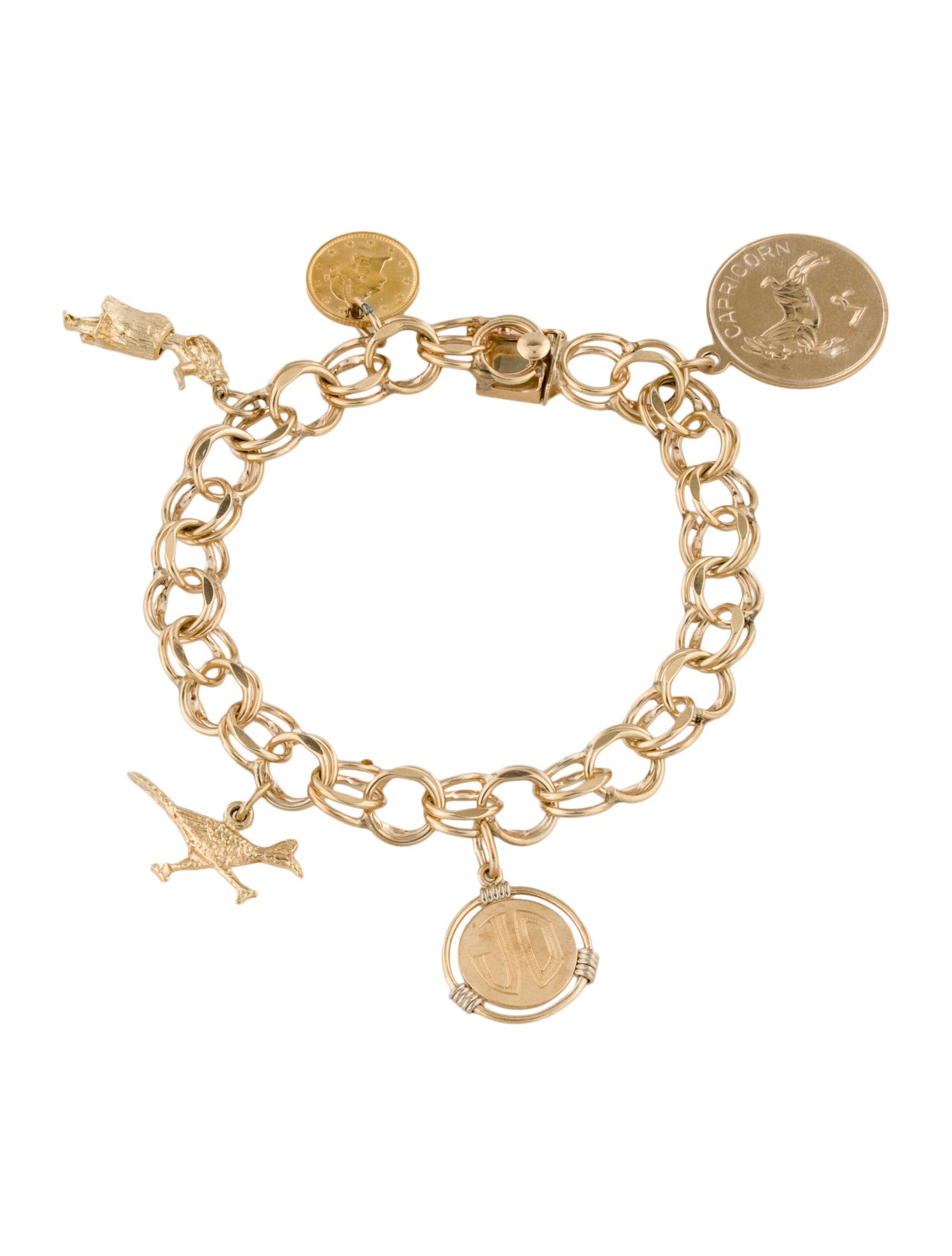 Bracelet Vintage 14K Capricorn, Hula, Roadrunner, & 22K Coin Charm Bracelet