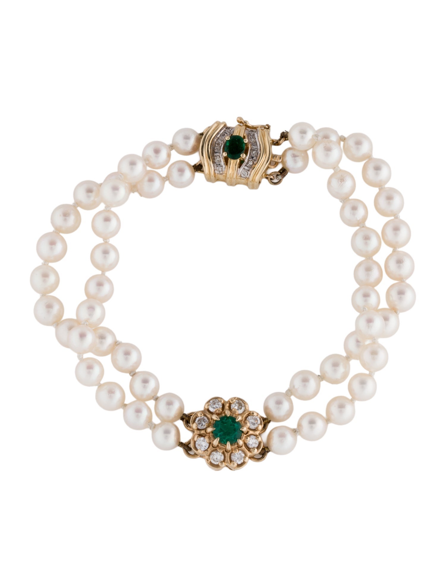 Bracelet 14K Pearl, Emerald & Diamond Flower Station Multistrand