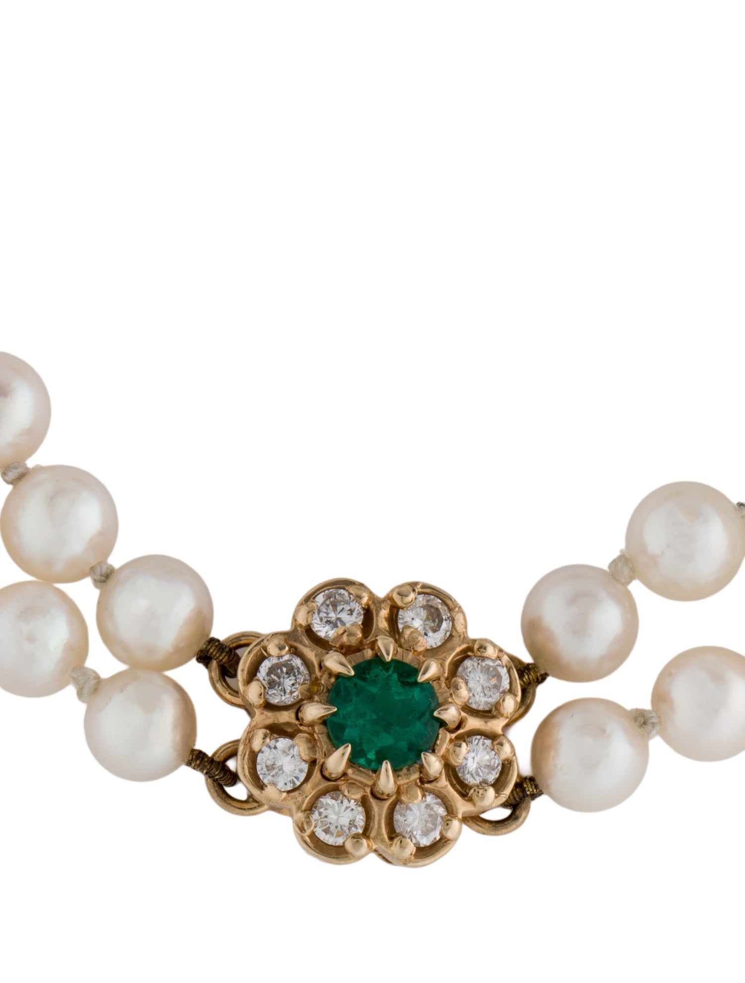 Bracelet 14K Pearl, Emerald & Diamond Flower Station Multistrand