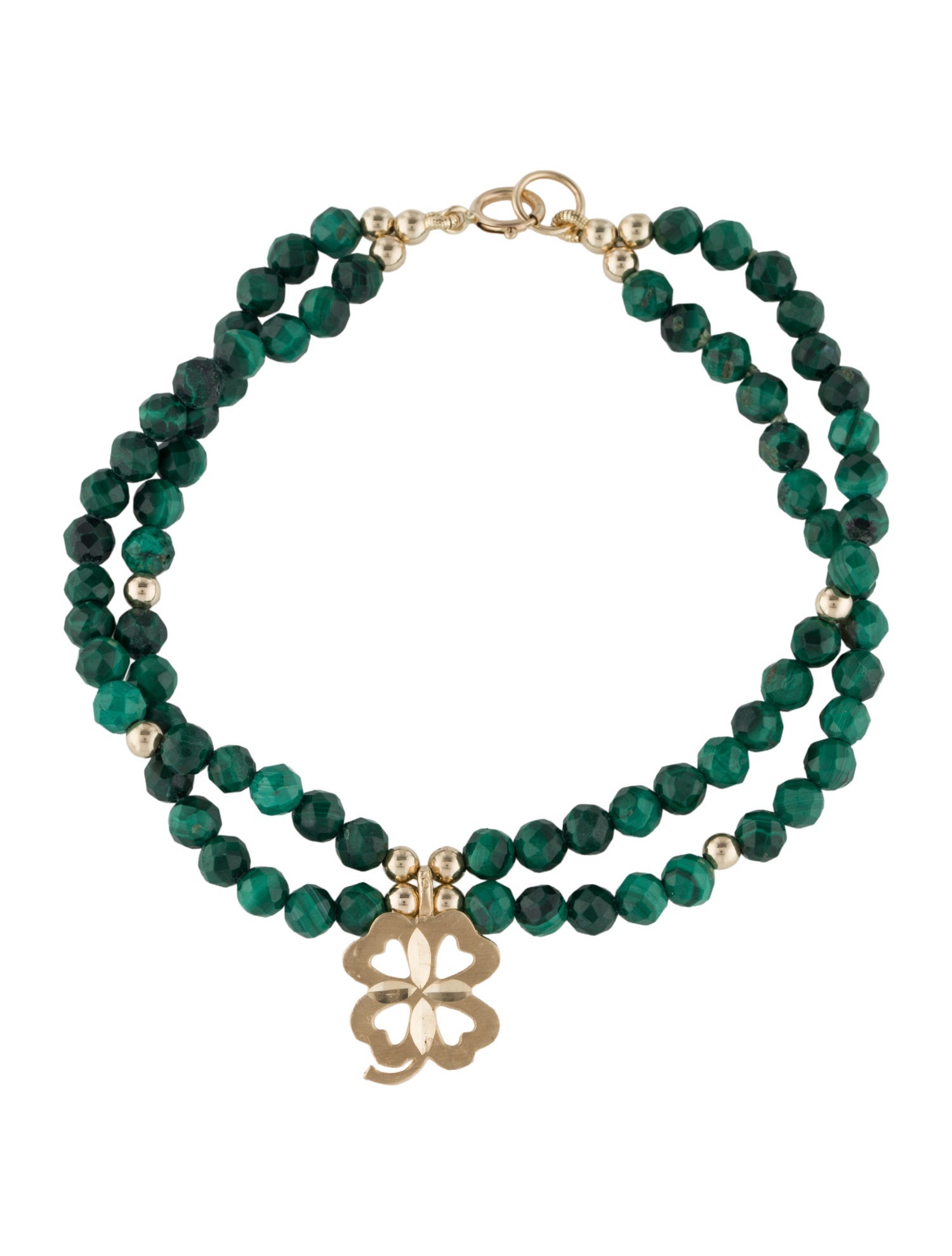 Bracelet 14K Malachite Four Leaf Clover Multistrand Bead Bracelet