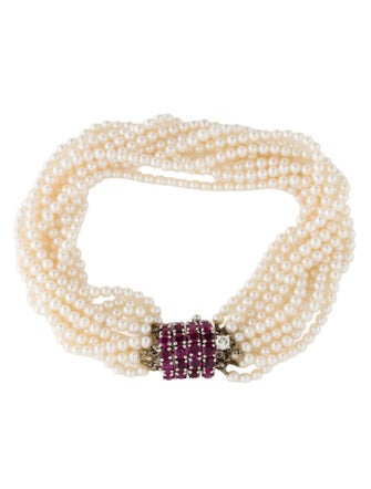 Bracelet 18K Pearl, 3.60ctw Ruby & Diamond Multi-Strand Bracelet