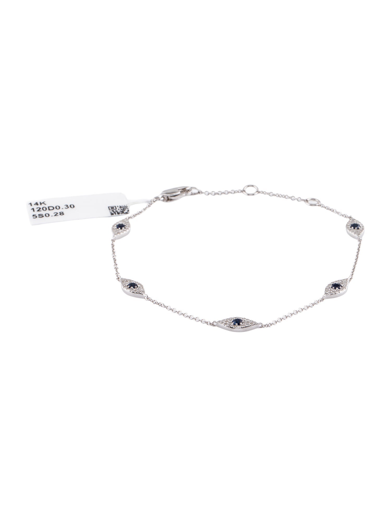 Bracelet 14K Sapphire & Diamond Evil Eye Station w/ Tags