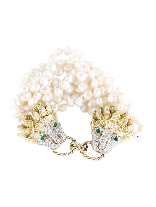 Bracelet 14K 2.08ctw Diamond, Emerald & Pearl Multi Strand Bracelet