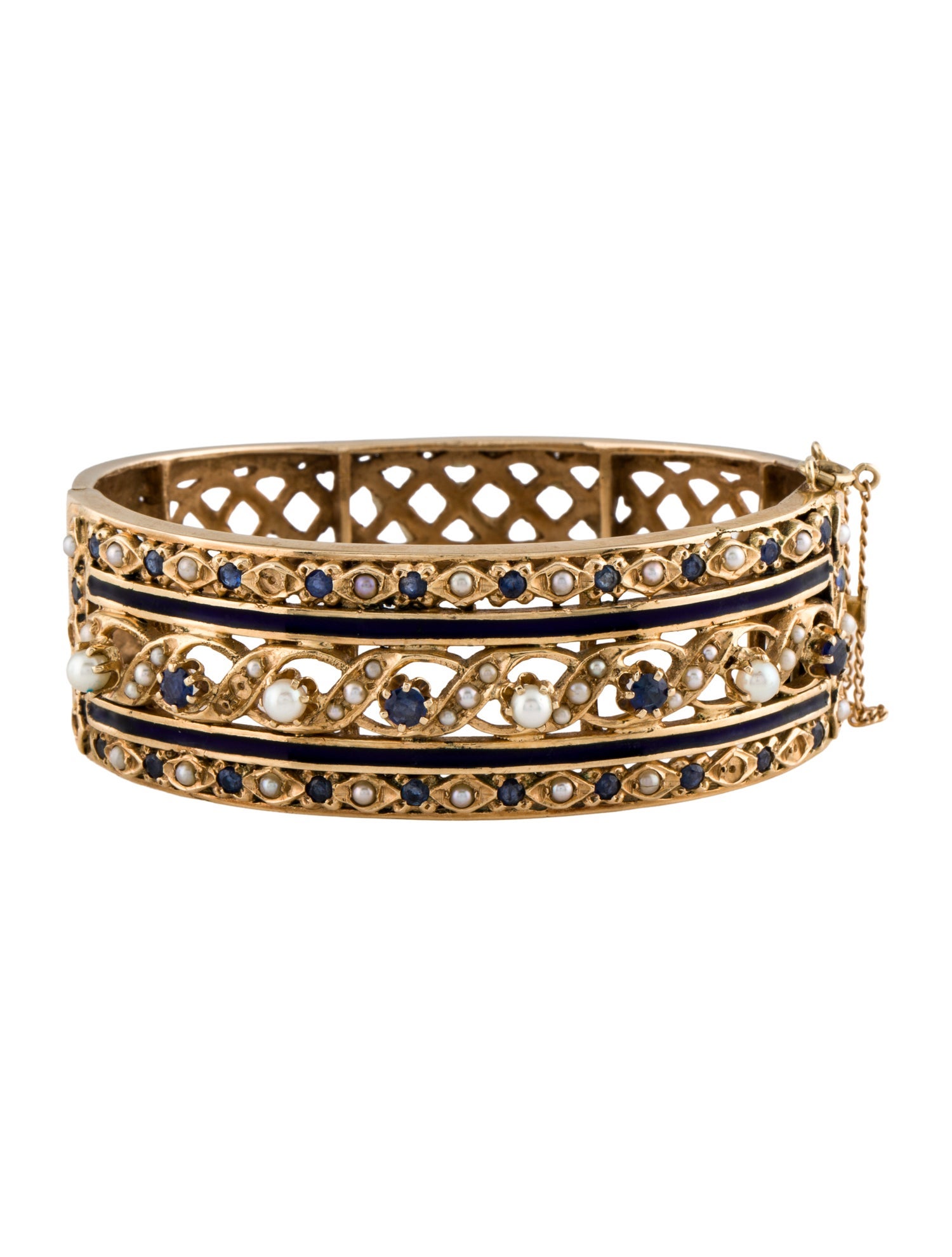 Bracelet 14K Pearl. Sapphire & Enamel Hinged Bangle