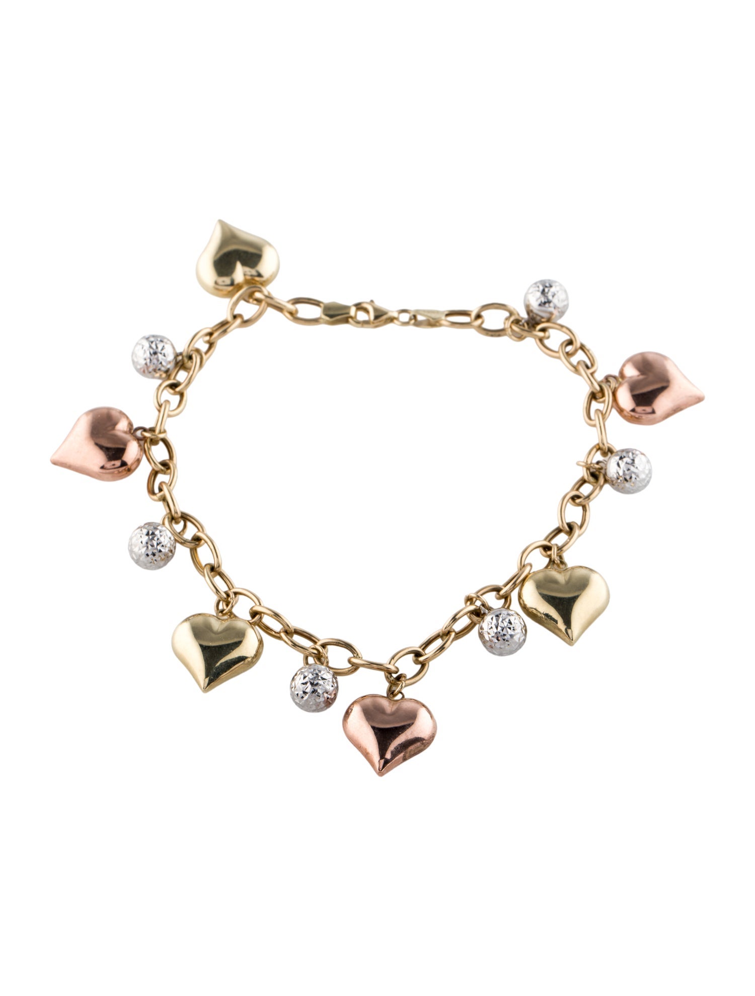 Bracelet 14K Three Tone Heart & Ball Charm Bracelet
