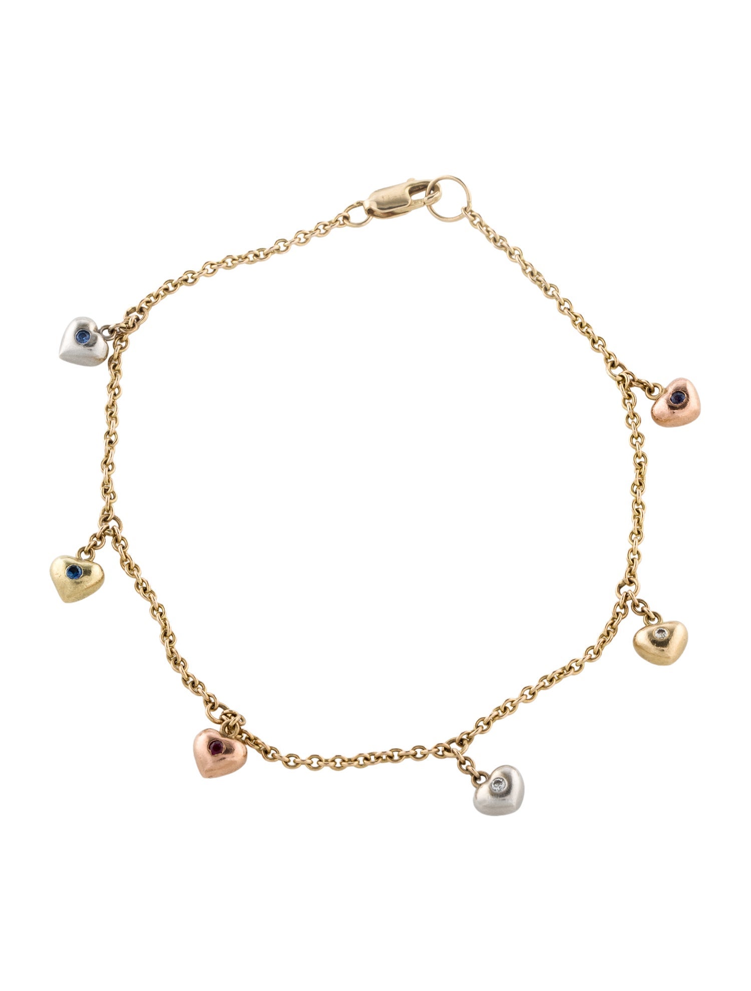 Bracelet 14K Tri-Color Diamond, Ruby, & Sapphire Heart Charm