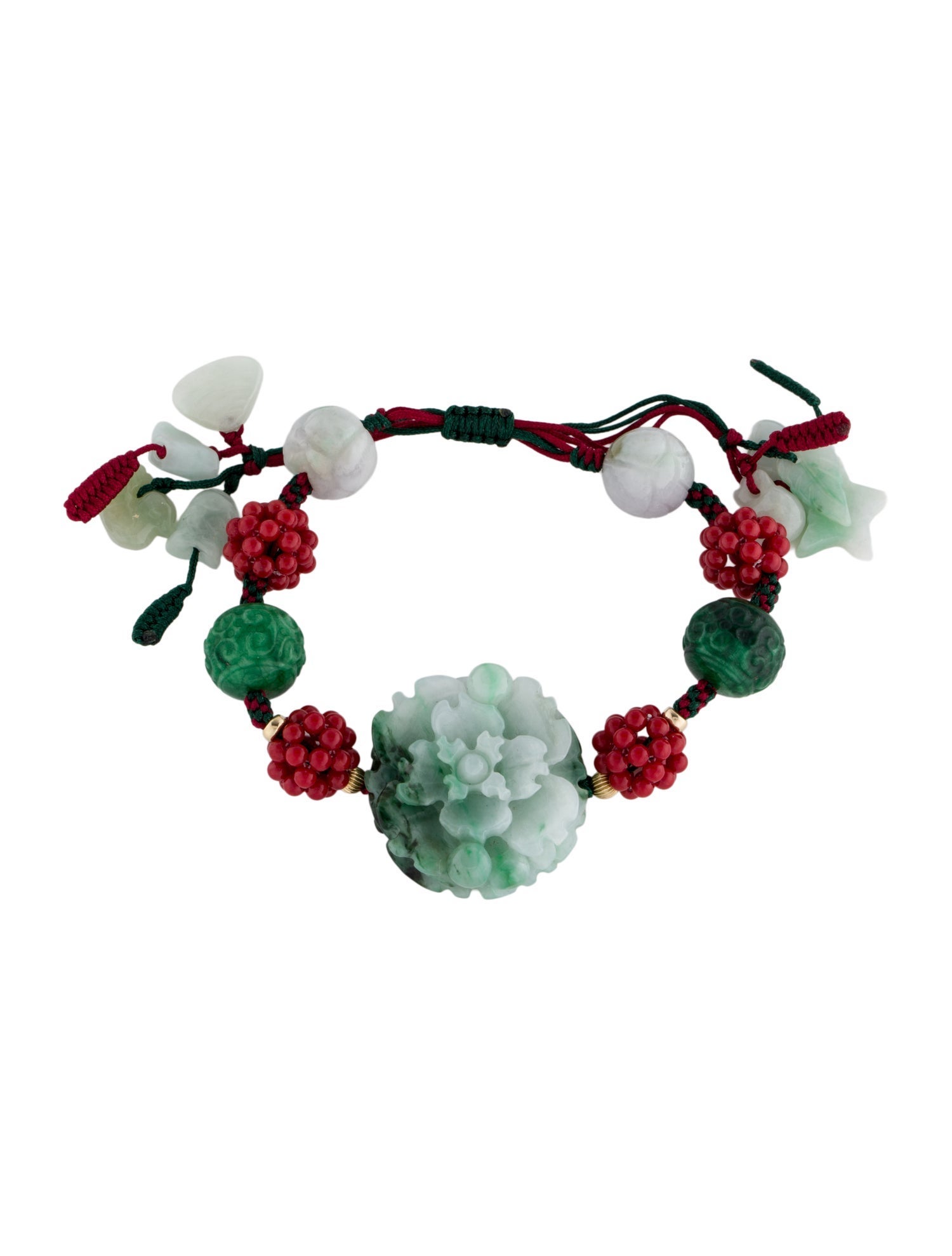 Bracelet 14K Dyed Coral, Quartzite & Jadeite Bead