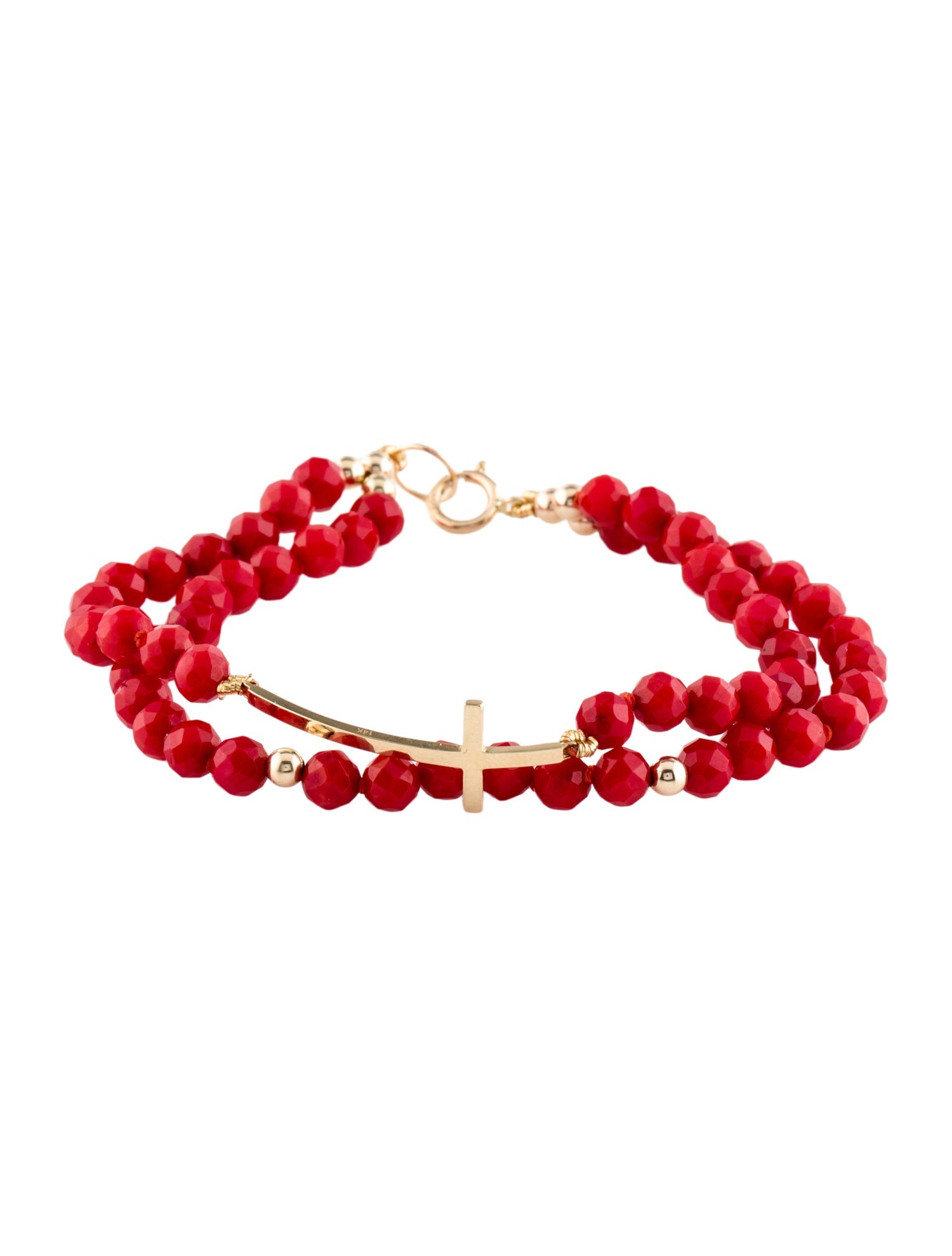 Bracelet 14K Dyed Coral Cross Double-Strand Beaded