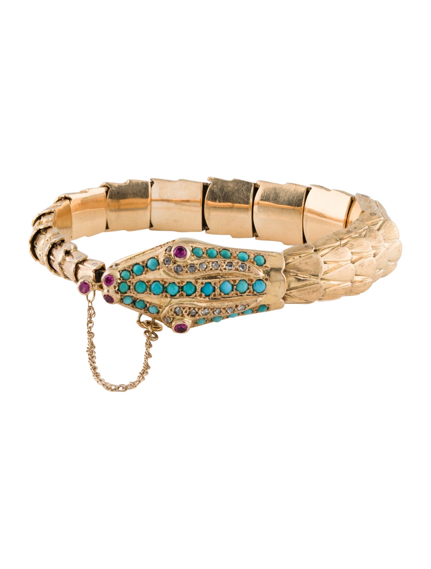 Bracelet Vintage 18K Synthetic Ruby, Turquoise & Diamond Snake