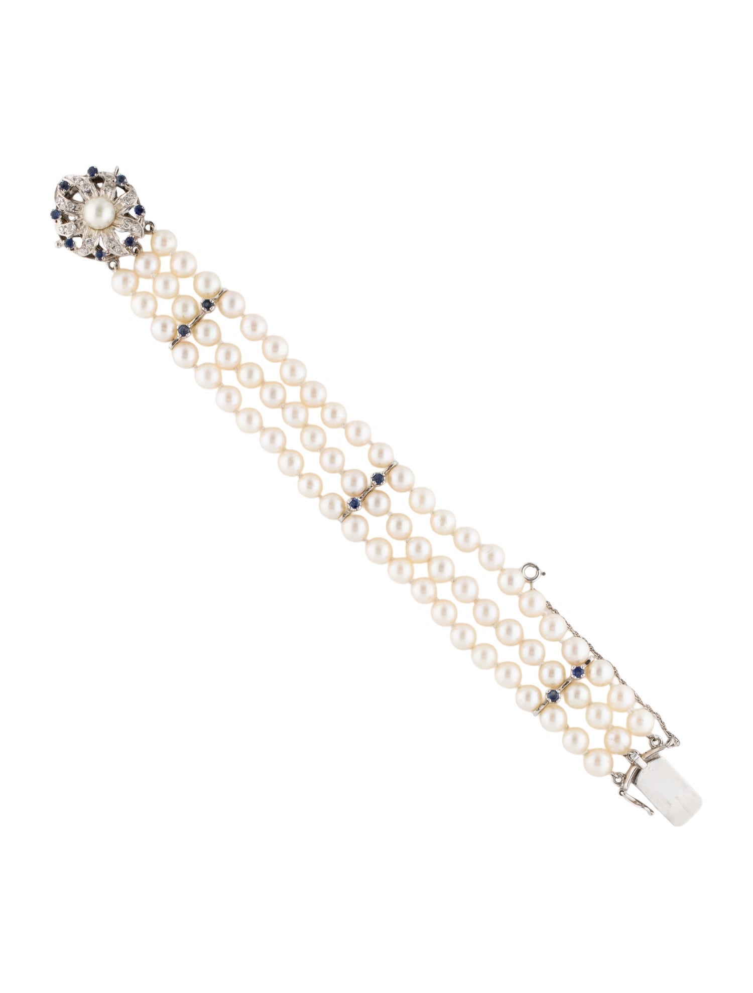 Bracelet 14K Pearl, Sapphire & Diamond Multistrand Bead