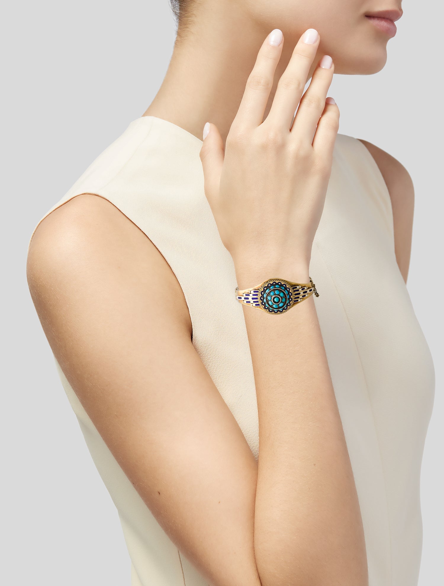 Bracelet Victorian 14K Bloomed Turquoise & Enamel Bangle
