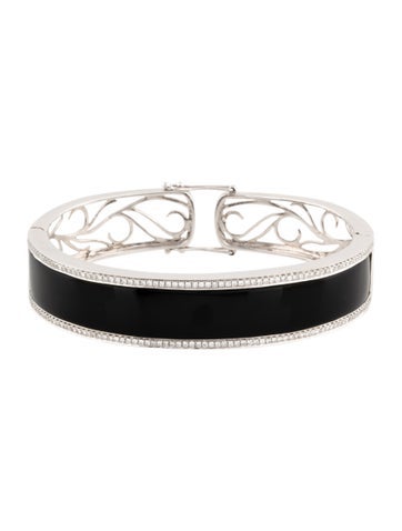 Pre-owned Bracelet 14k Onyx & Diamond Hinged Bangle , 6.25" In Multi