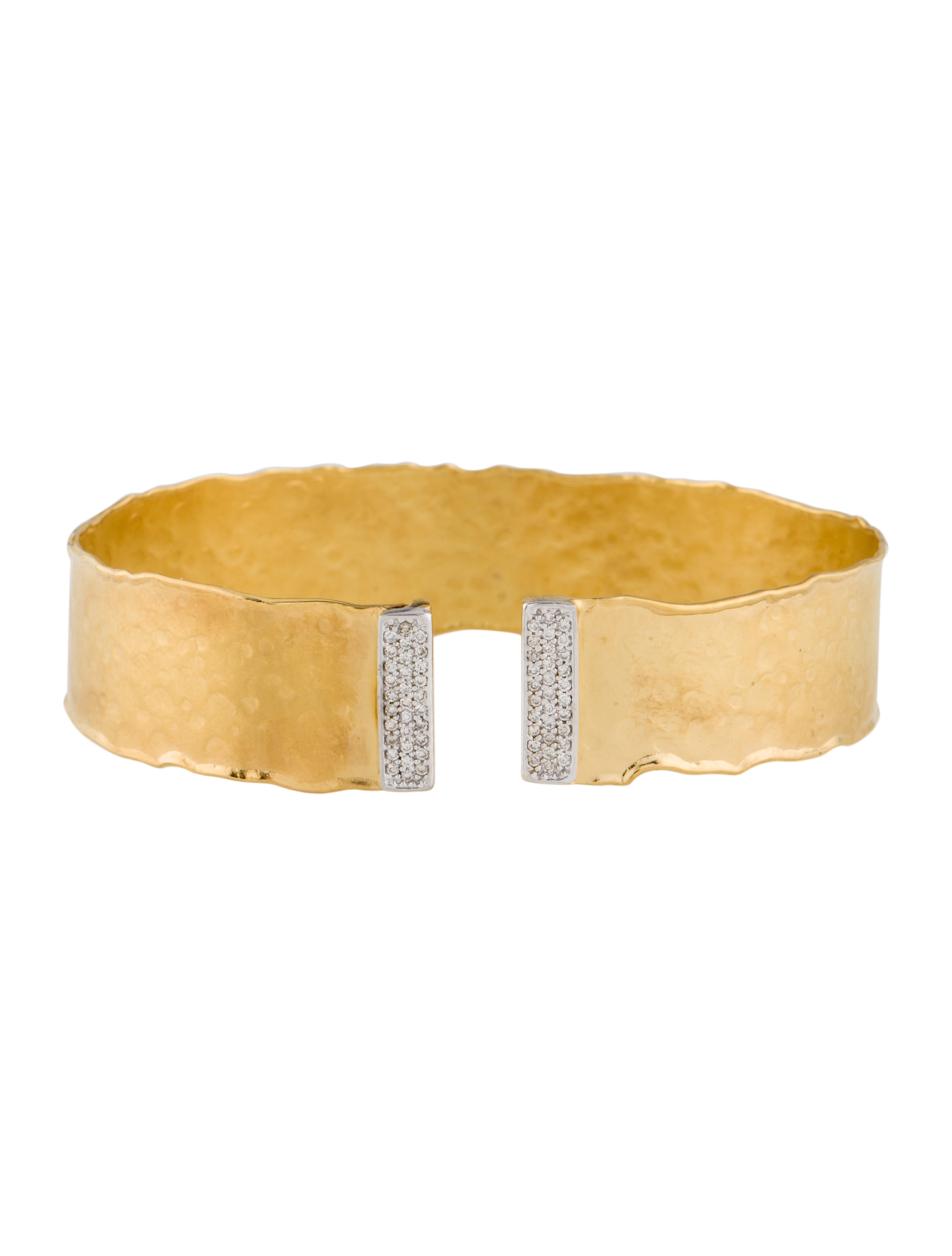 Bracelet 14K Diamond Hammered Cuff 14K Yellow Gold Cuff, Bracelets