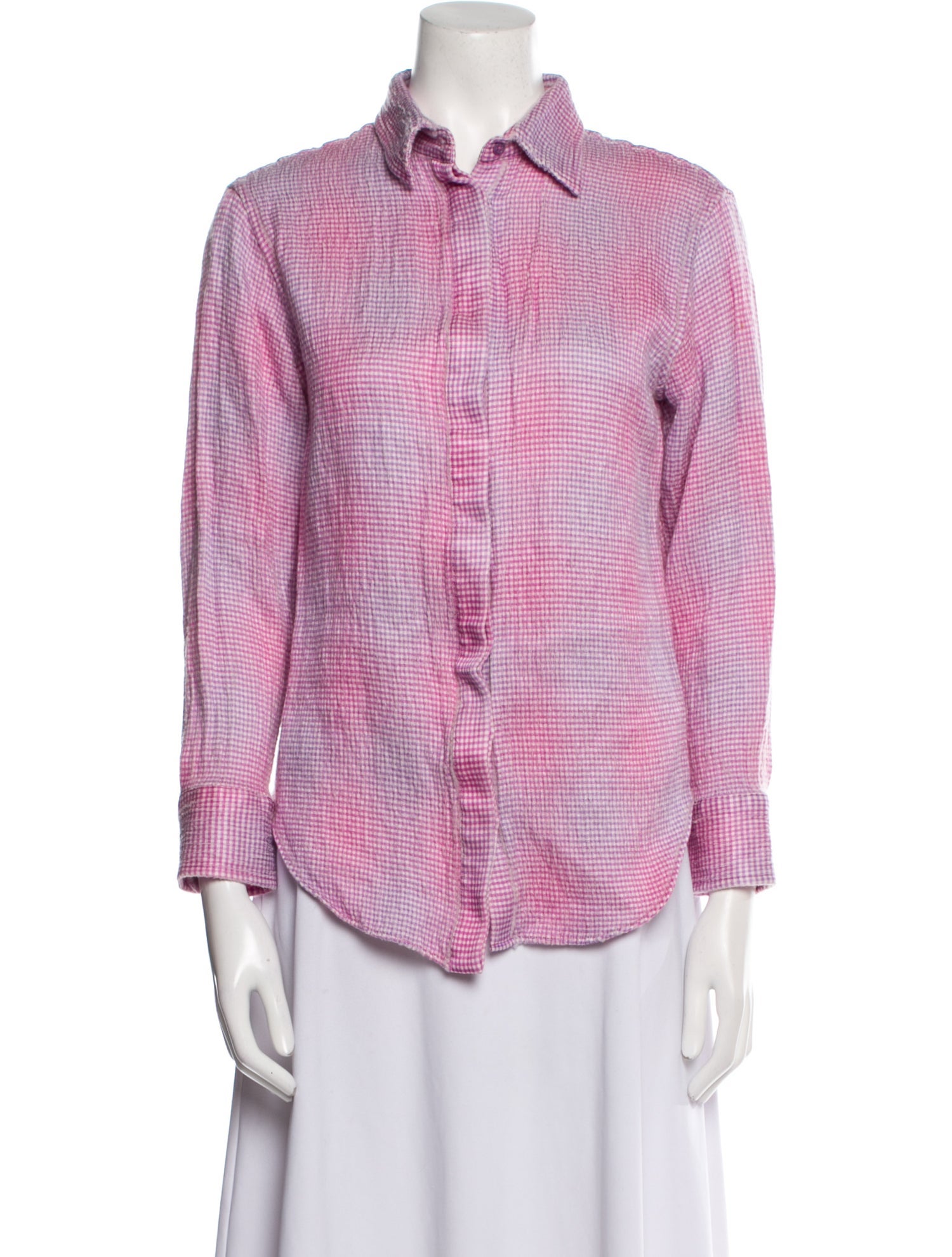Brandon Maxwell Silk Plaid Print Button-Up Top