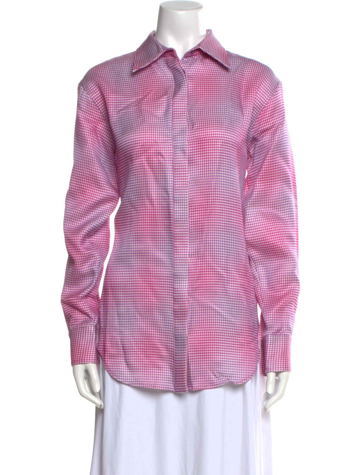 Brandon Maxwell Silk Plaid Print Button-Up Top