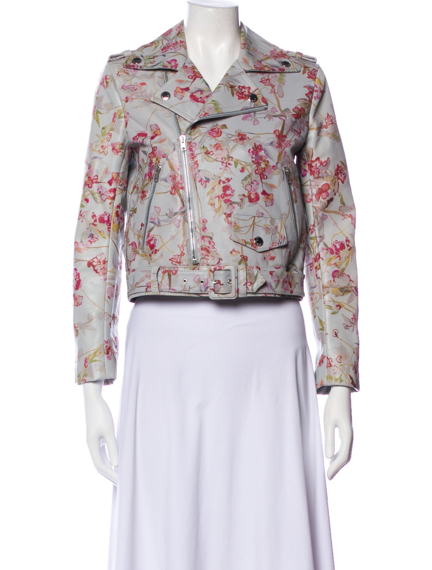 Brandon Maxwell Leather Floral Print Biker Jacket