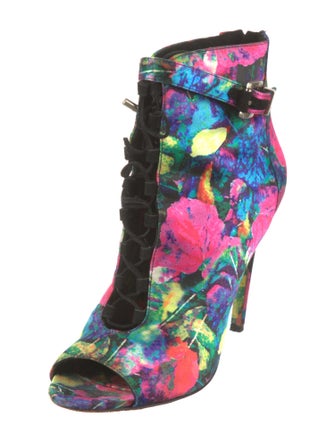 Brian Atwood Satin Floral Print Lace-Up Boots