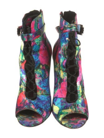 Brian Atwood Satin Floral Print Lace-Up Boots