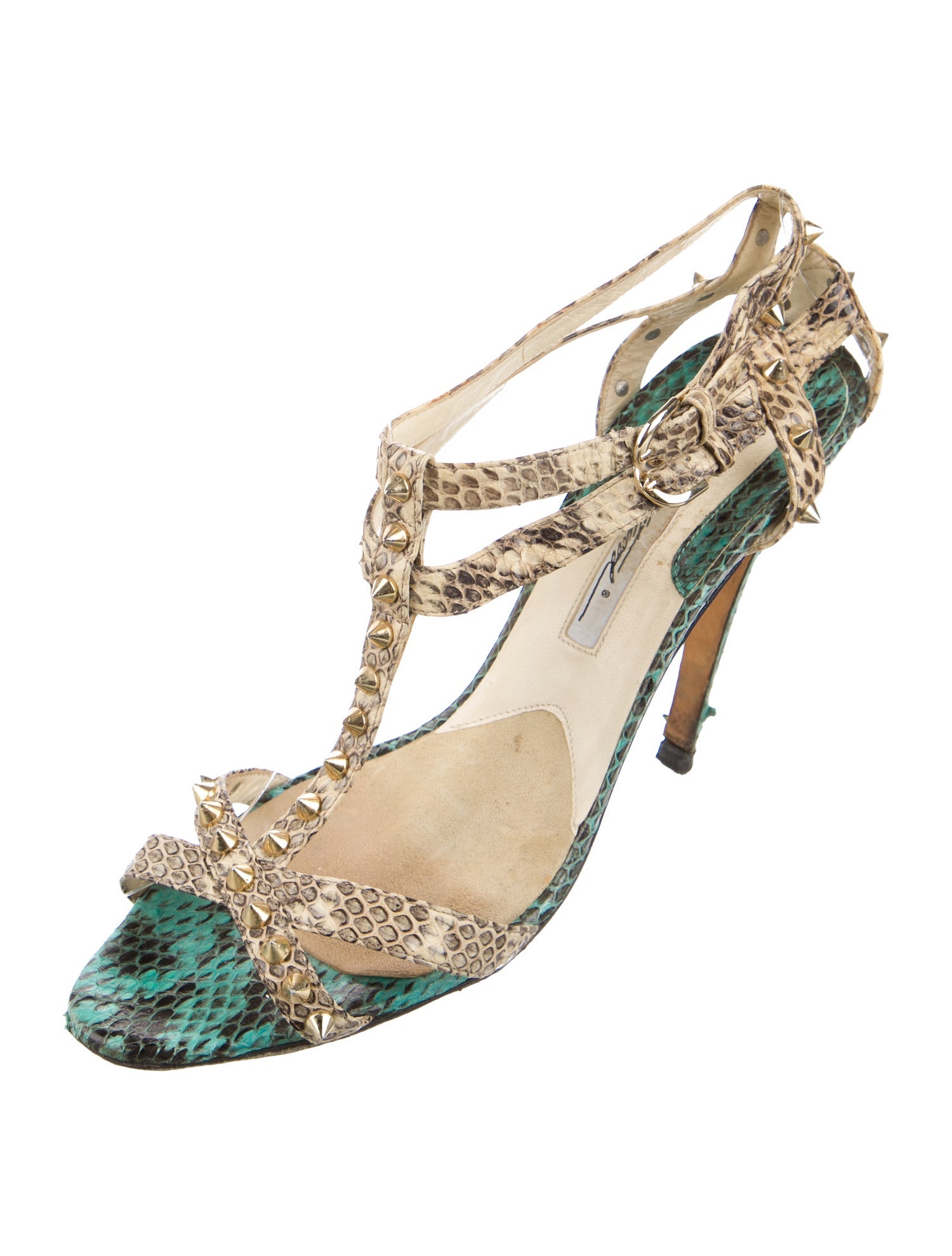 Brian Atwood Embossed Leather Animal Print T-Strap Sandals