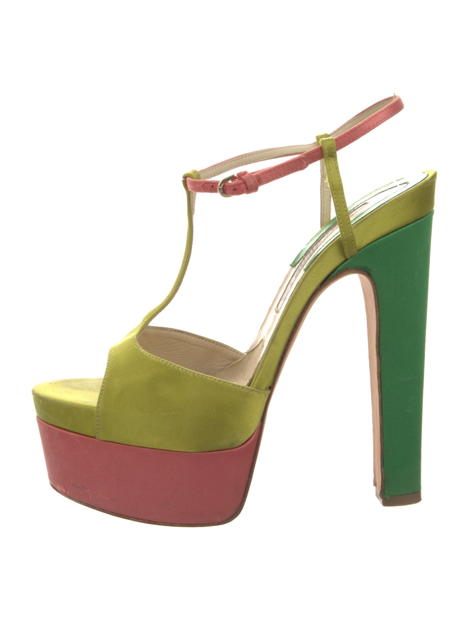 Brian Atwood Satin Colorblock Pattern T-Strap Sandals