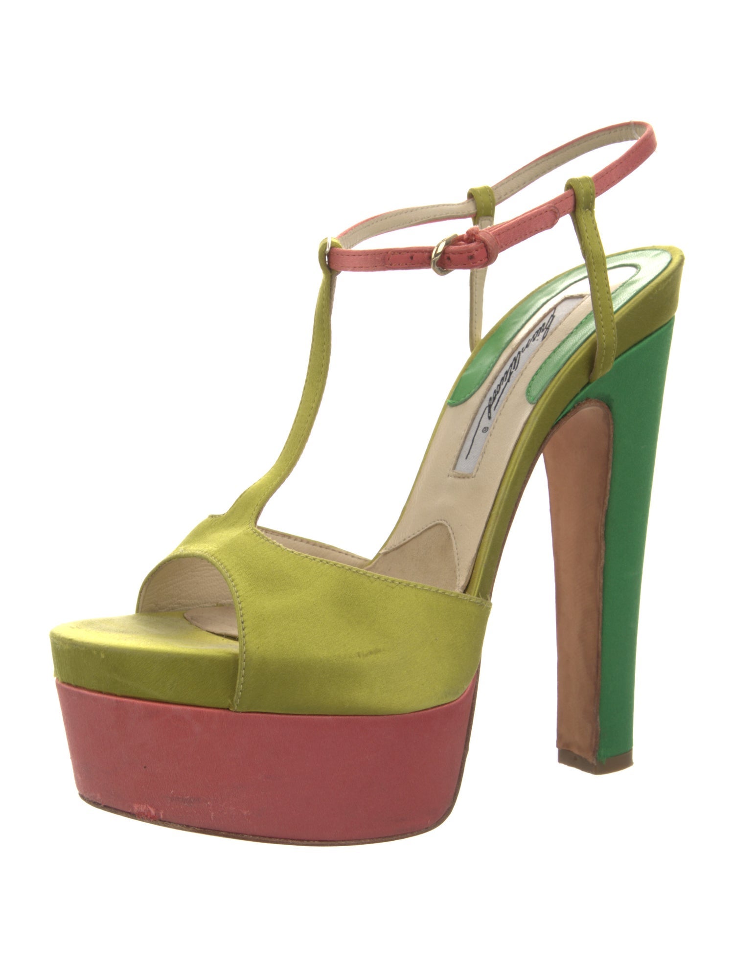 Brian Atwood Satin Colorblock Pattern T-Strap Sandals