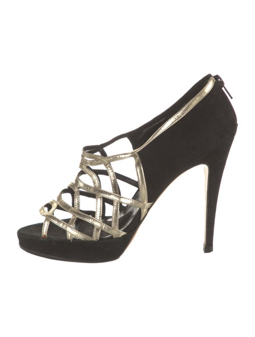 Brian Atwood Suede Colorblock Pattern T-Strap Pumps