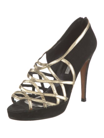 Brian Atwood Suede Colorblock Pattern T-Strap Pumps