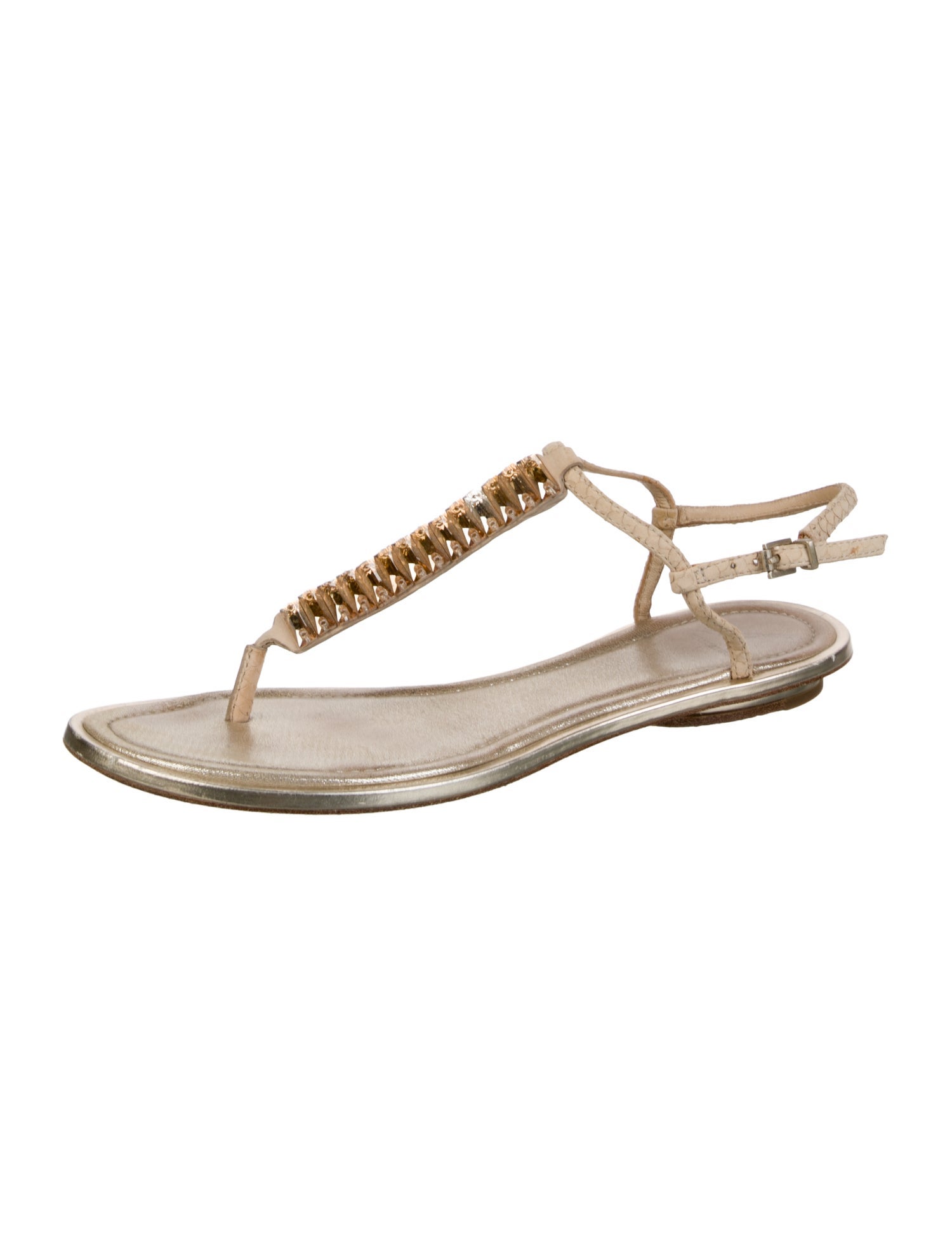 Brian Atwood Leather Crystal Embellishments T-Strap Sandals