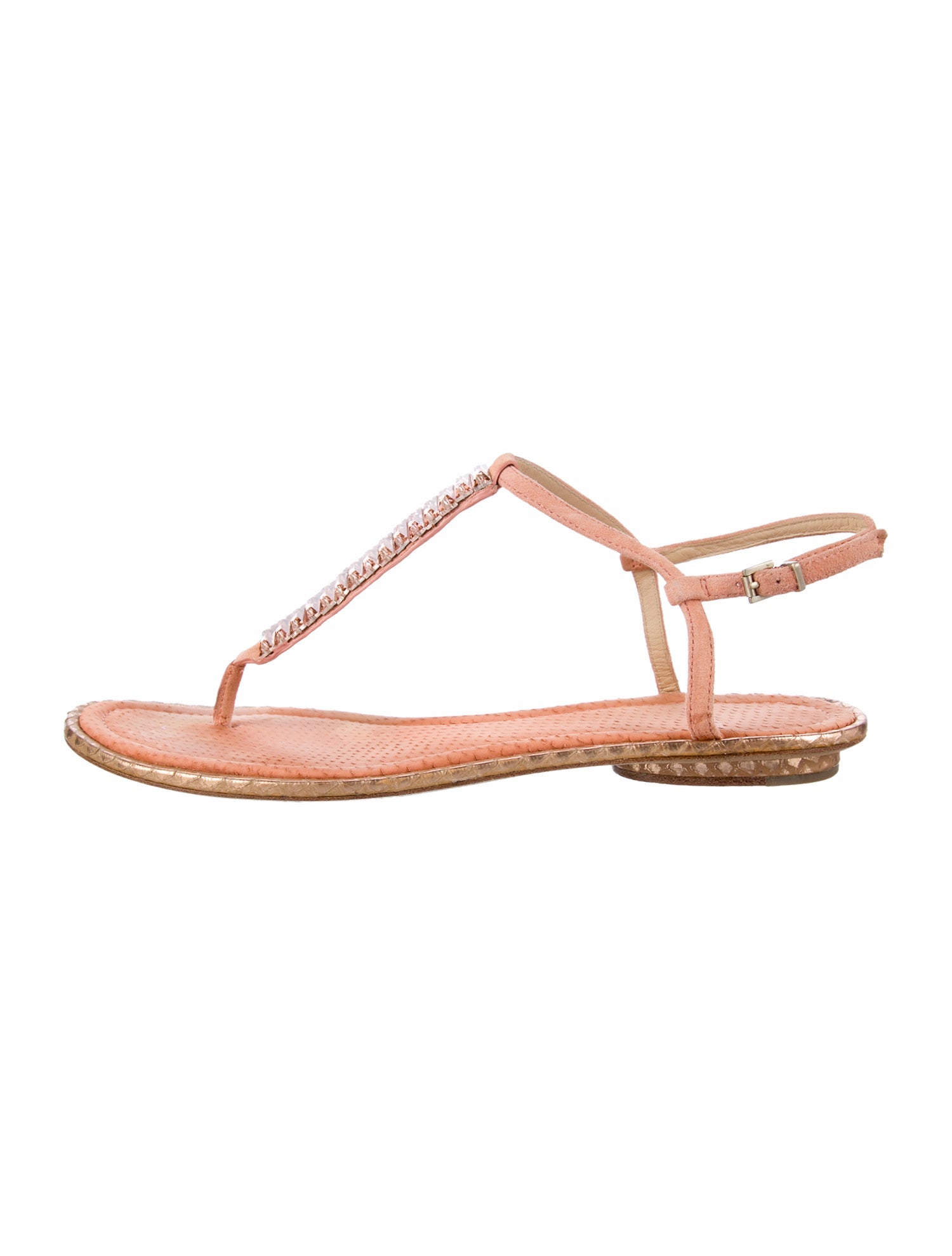 Brian Atwood Leather Crystal Embellishments T-Strap Sandals