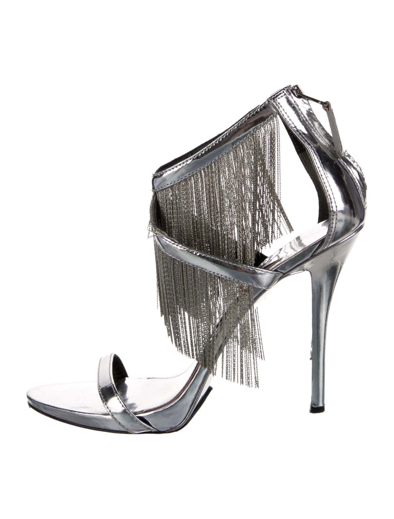Brian Atwood Patent Leather Fringe Trim Accent Sandals