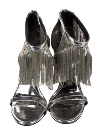 Brian Atwood Patent Leather Fringe Trim Accent Sandals