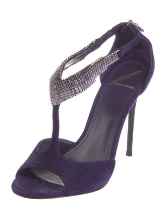 Brian Atwood Suede Crystal Embellishments T-Strap Sandals