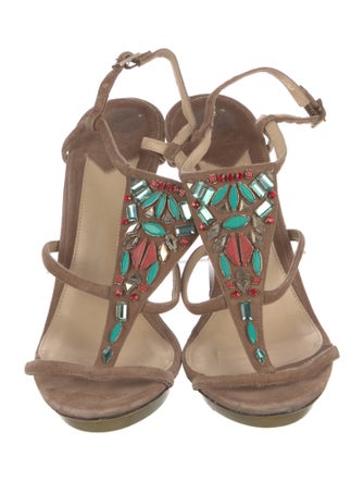 Brian Atwood Suede Crystal Embellishments T-Strap Sandals