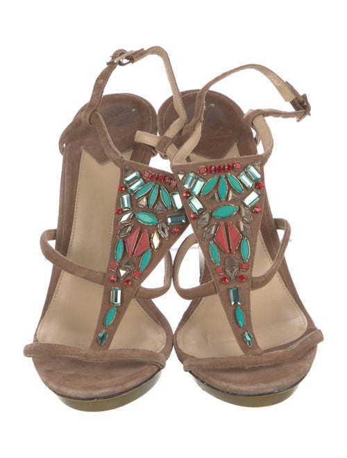 Brian Atwood Suede Crystal Embellishments T-Strap Sandals