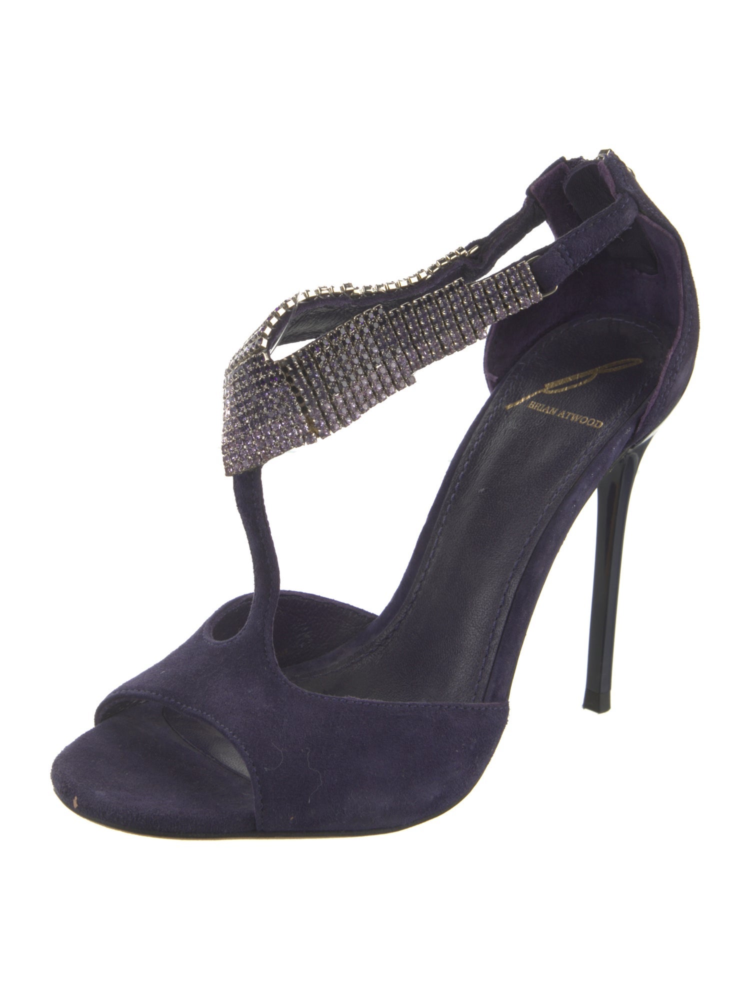 Brian Atwood Suede Crystal Embellishments T-Strap Pumps