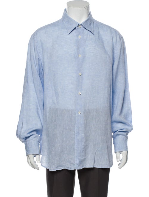 Brioni Linen Striped Dress Shirt Blue