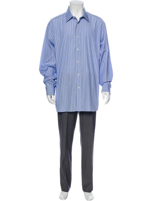 Brioni Striped Long Sleeve Dress Shirt Blue