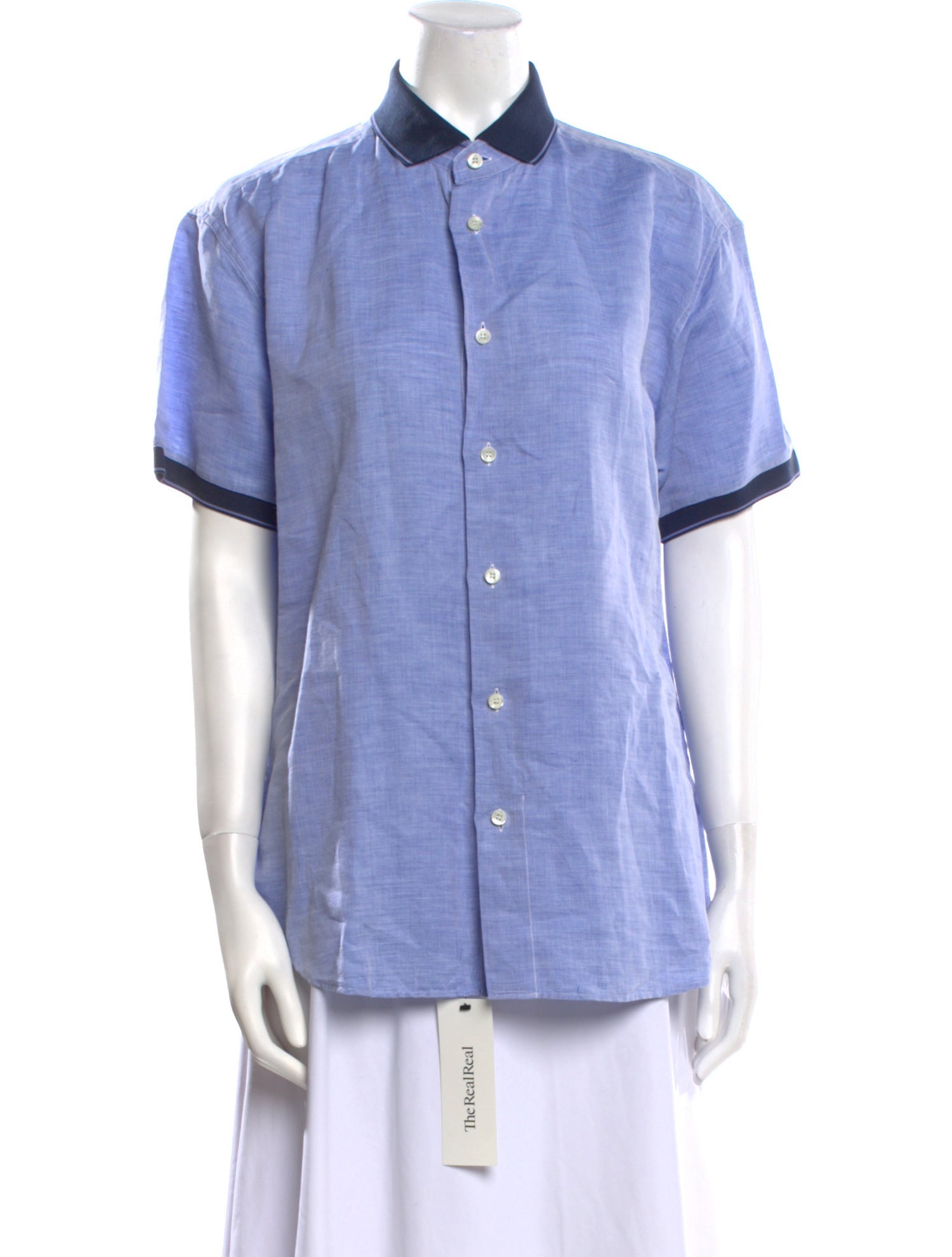 Brioni Linen Short Sleeve Button-Up Top