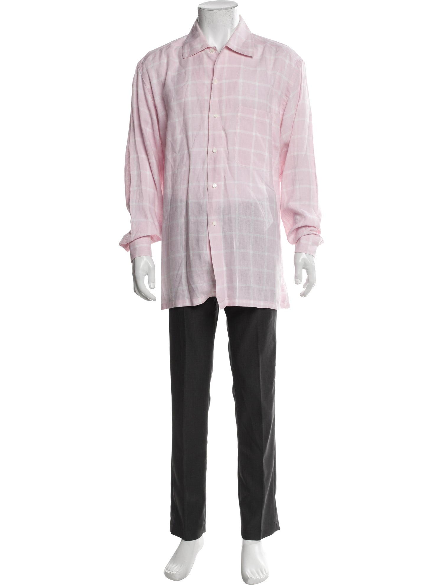 Brioni Linen Plaid Print Dress Shirt
