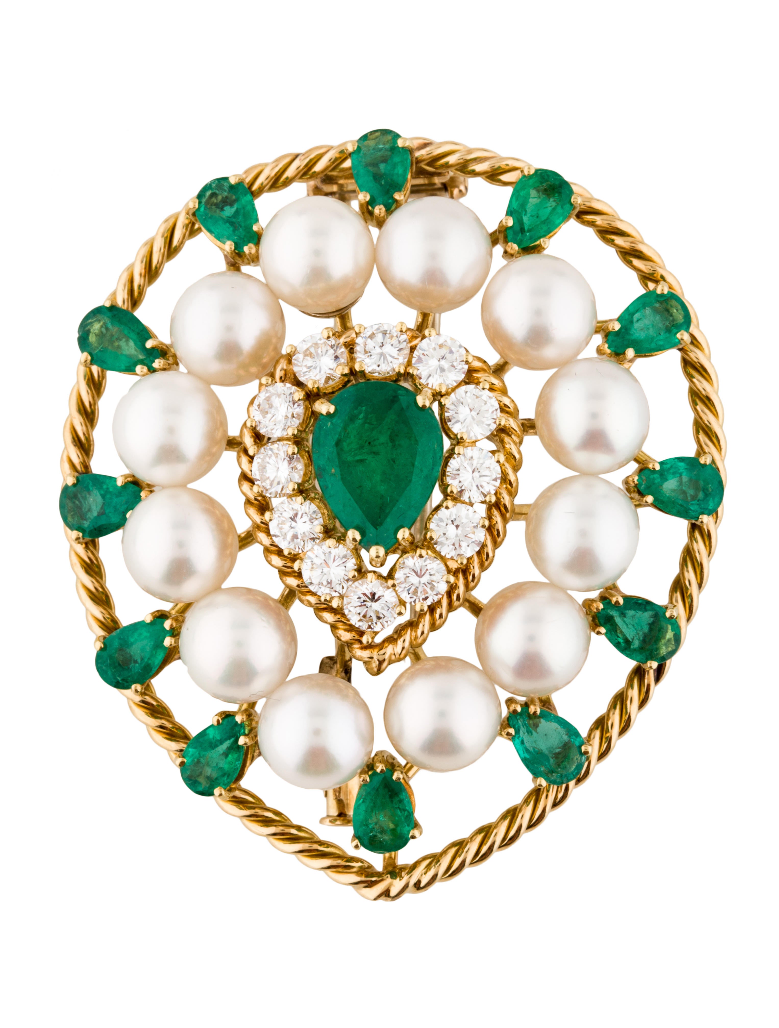 Brooch 18K Emerald, Diamond and Pearl Brooch
