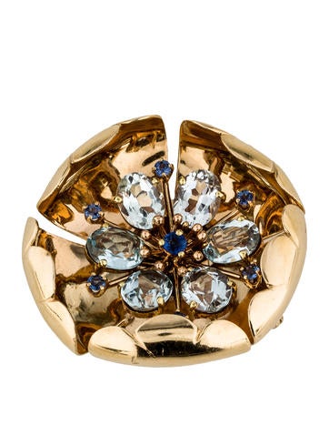 14K Aquamarine & Sapphire Brooch