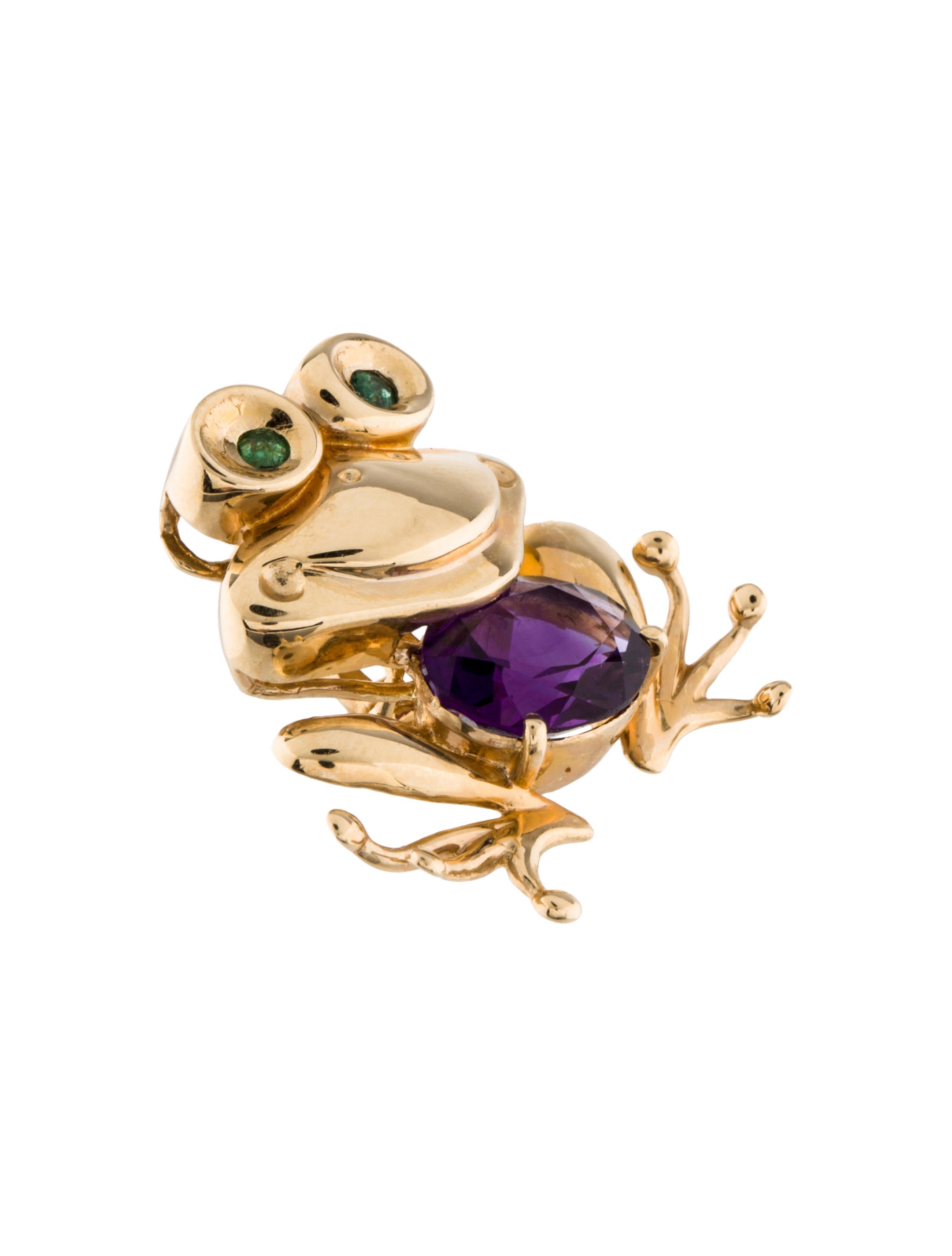 Brooch 14K Amethyst & Emerald Smiling Frog Pendant Gold, 14K Yellow