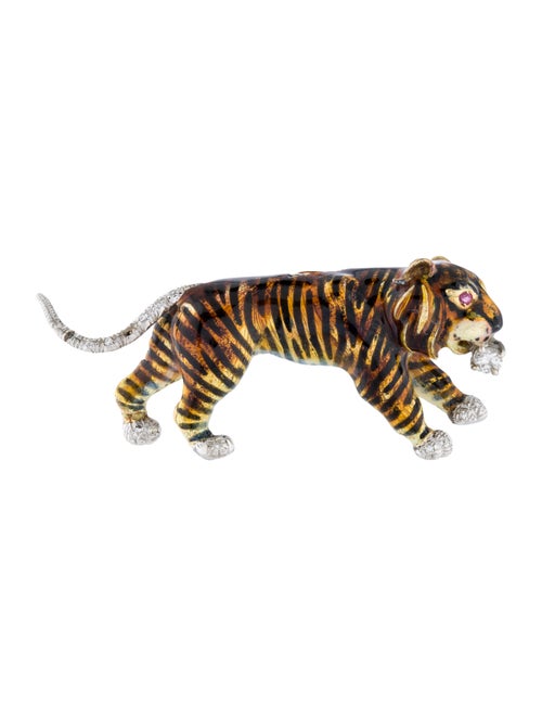 18K Enamel, Ruby & Diamond Tiger Brooch white