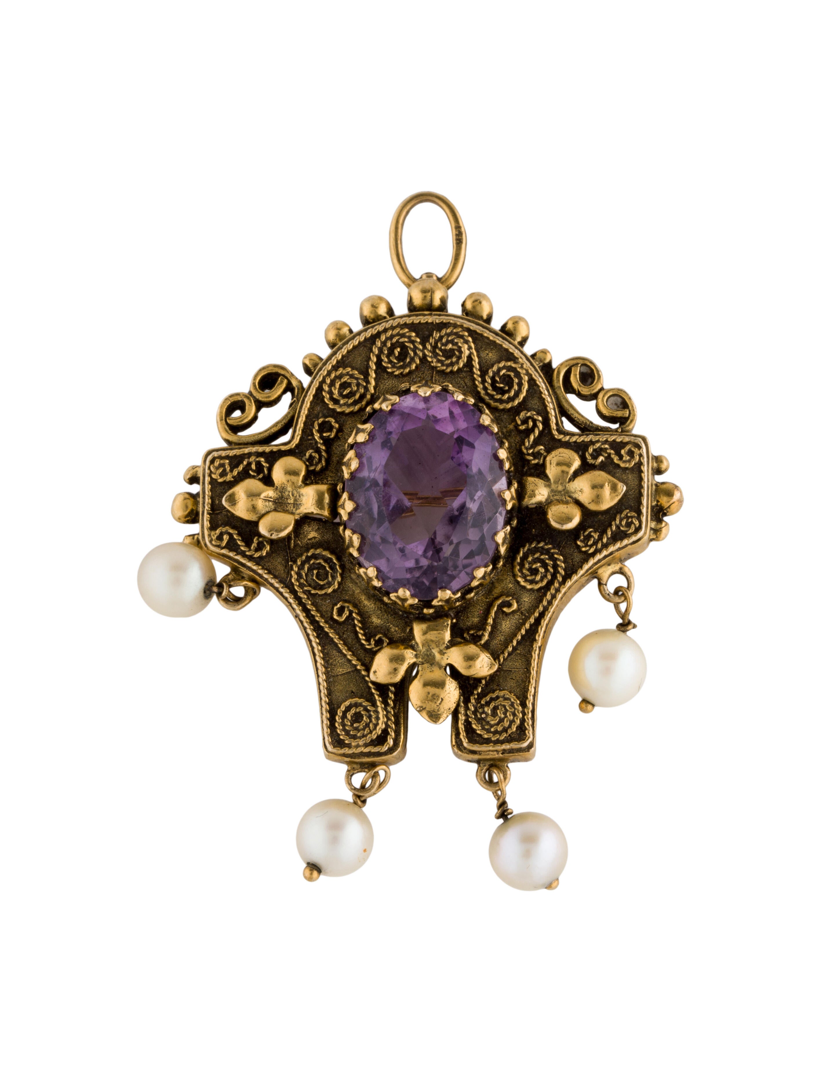 Brooch 14K Pearl & Amethyst Brooch Pendant 14K Yellow Gold Pendant