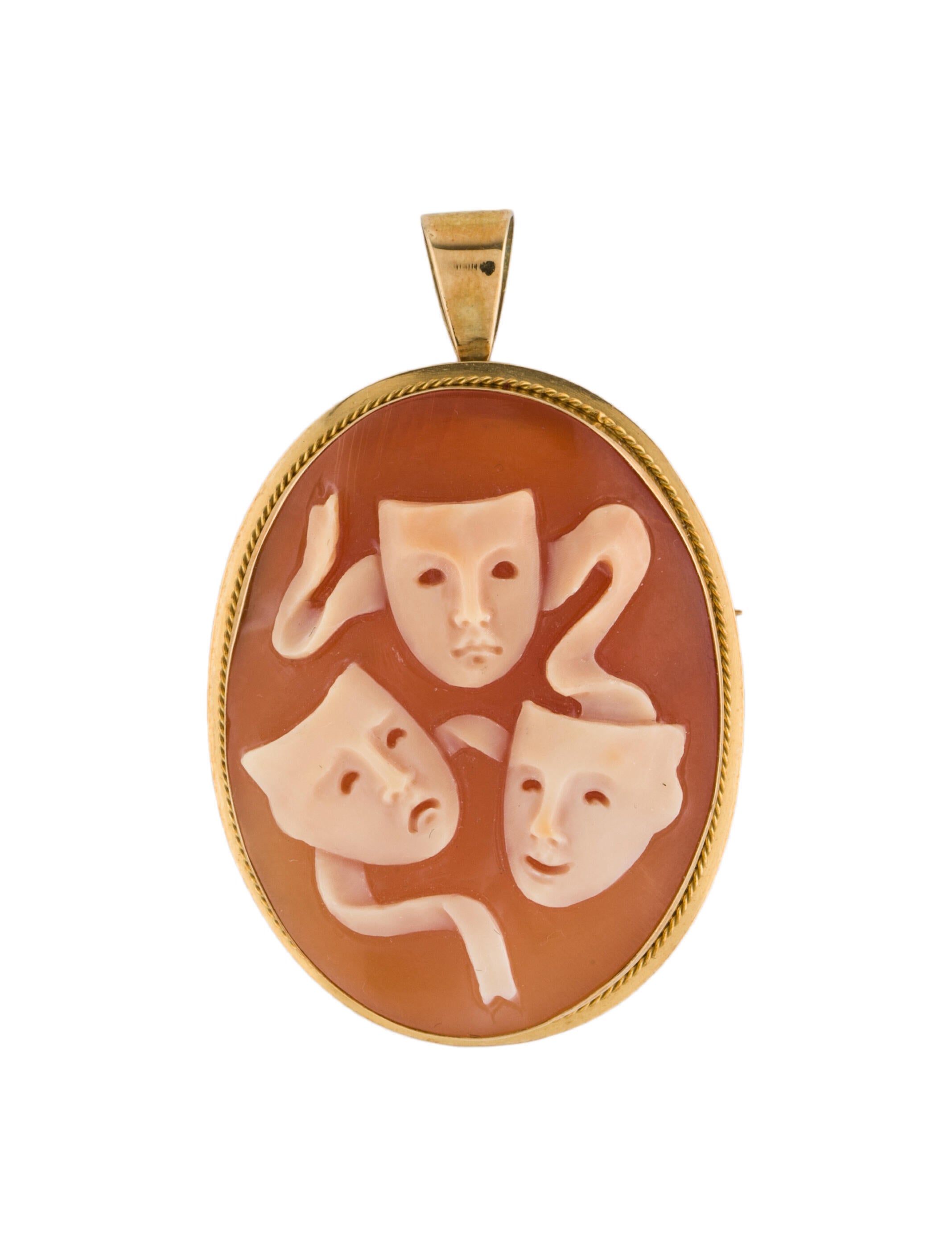 Brooch 18K Drama Mask Cameo Shell Brooch Pendant 18K Yellow Gold Pin