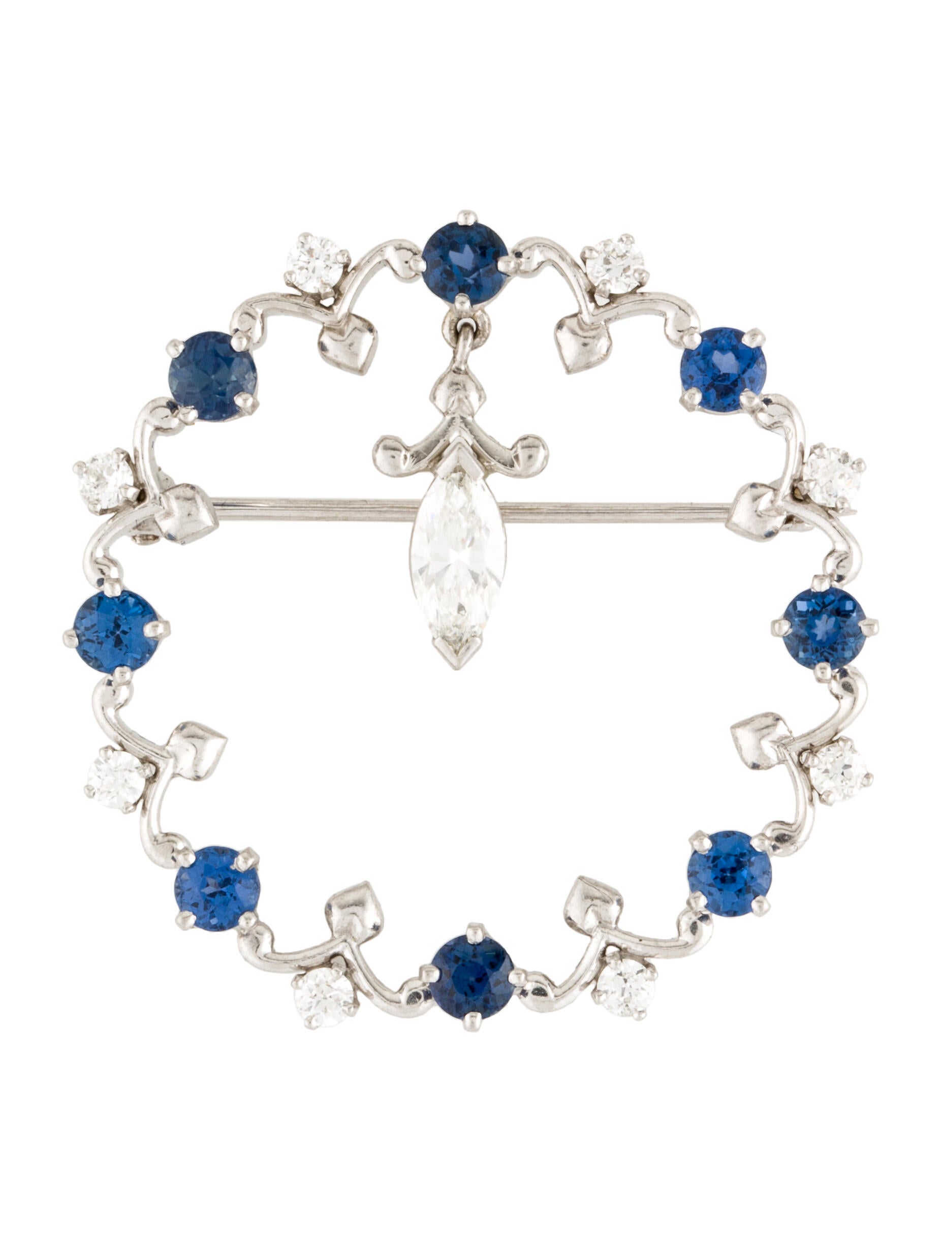 Brooch Platinum Diamond & Sapphire Brooch Pin 900 Platinum Pin