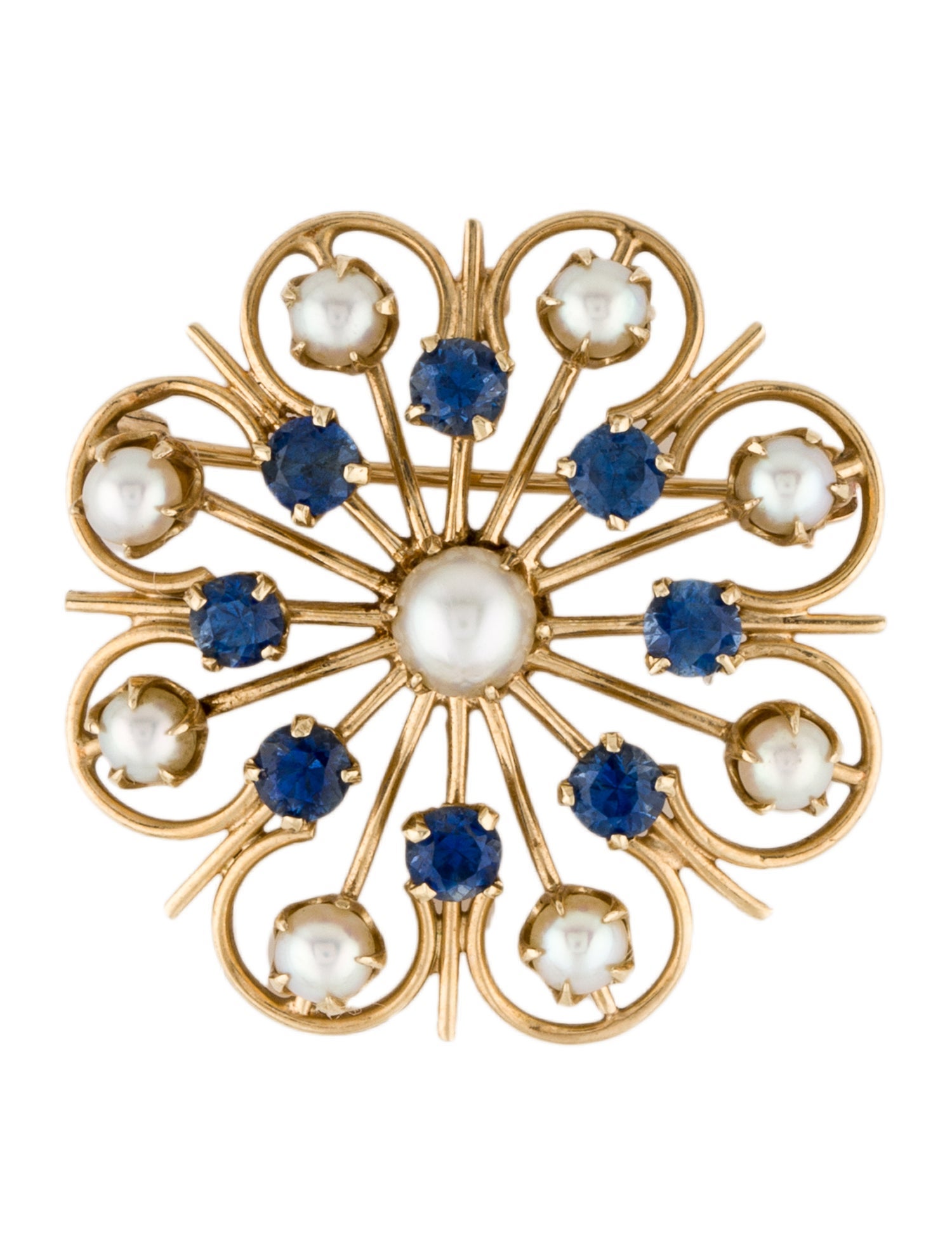 Brooch 14K Pearl & Sapphire Brooch Pin 14K Yellow Gold Pin, Brooches
